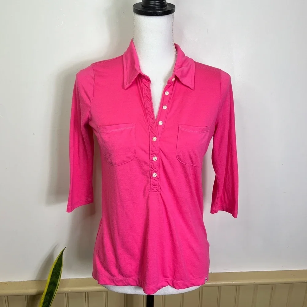 Vintage Hollister Hot Pink 3/4 Sleeve Henley Polo Top Size Small Y2K Preppy